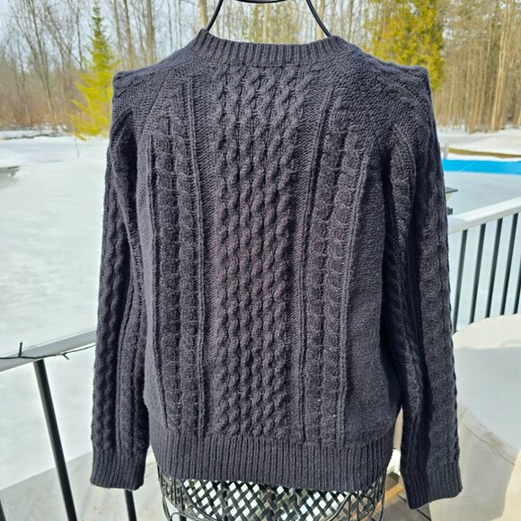 Ann Taylor Black cableknit Sweater with Rhinestone Floral Accent, size L, EUC - Picture 2 of 9